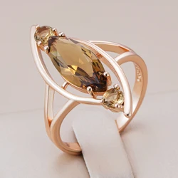 Kinel Hot Fashion Light Brown Natural Zircon Big Ring for Women Simple Rhombus 585 Rose Gold Color High Quality Daily Jewelry