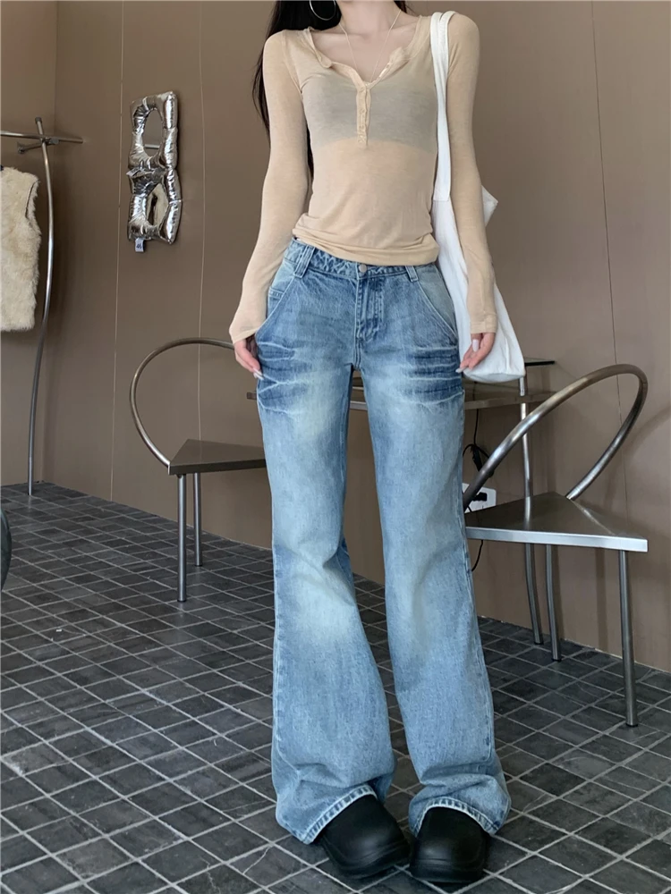 Benuynffy-Jean taille basse pour femme, jean décontracté, streetwear rétro américain, jean droit lavé, jambe large, fjk, Y2k