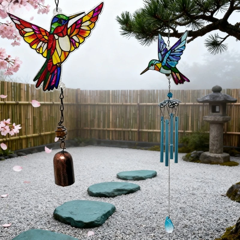 Glass Hummingbird Wind Chime Diamond Glass Crafts Hanging for Home Garden Courtyard Balcony Decoration Housewarming Gift
