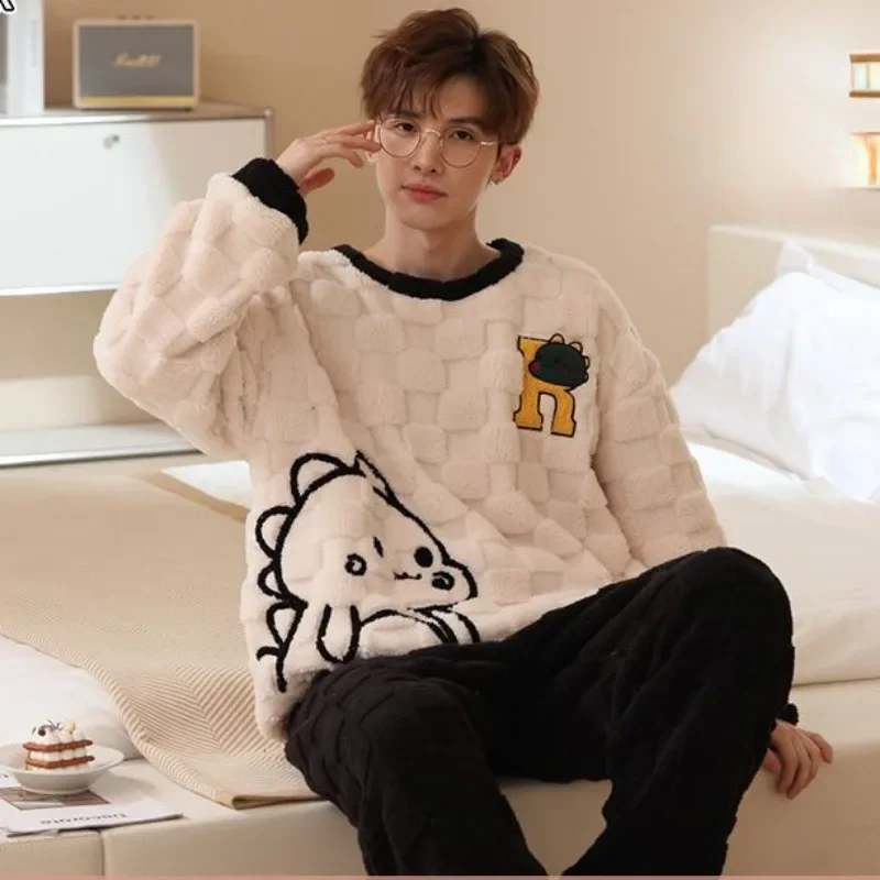 Male Coral Velvet Sleepwear Men's Pajamas Autumn Winter Cartoon Loungewear Youth Loose Size Plush Thicken Warm Home Clothing Set