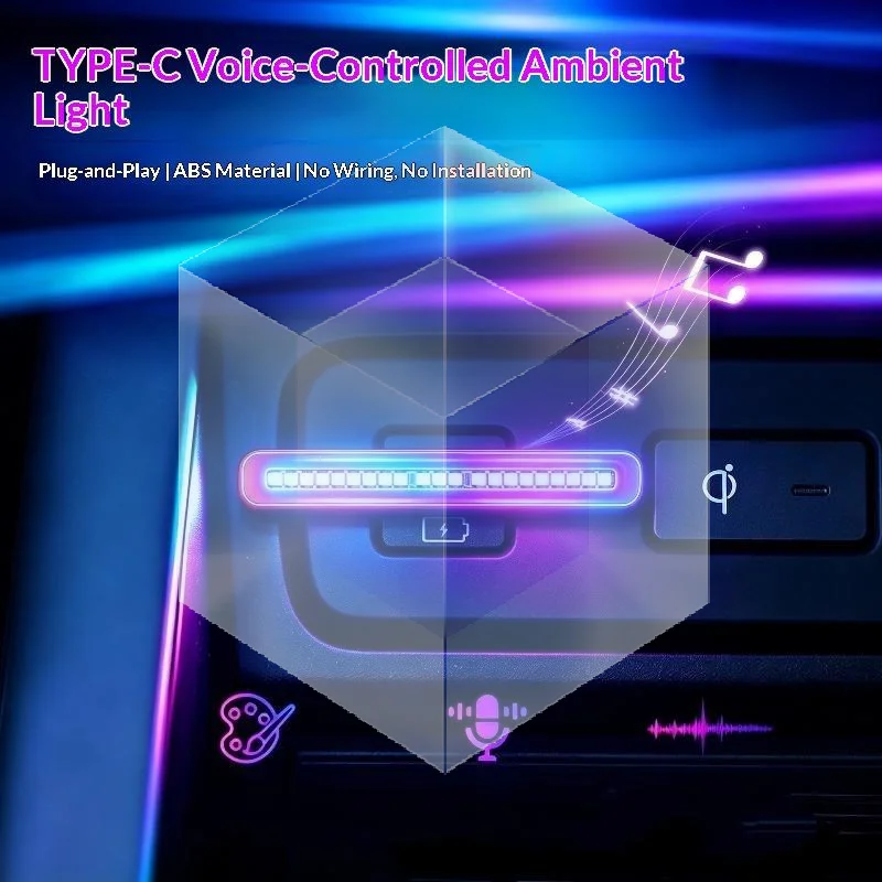USB C RGB Sound Activated Rhythm Light Voice Pickup LED Ambient Lamp for Car Interior Dorm Party Decoration