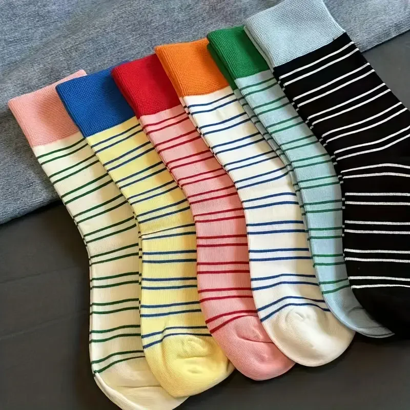

3-6Pairs Vibrant Stripe Pattern Mid Tube Socks - Soft, Comfy, Dopamine Color Boosting - Women's Stockings for Casual Wear