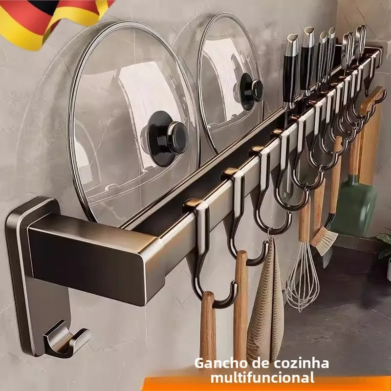 Suporte de Armazenamento de Cozinha Multifuncional em Alumínio Espacial, Montado na Parede, com Gancho para Utensílios e Colh...