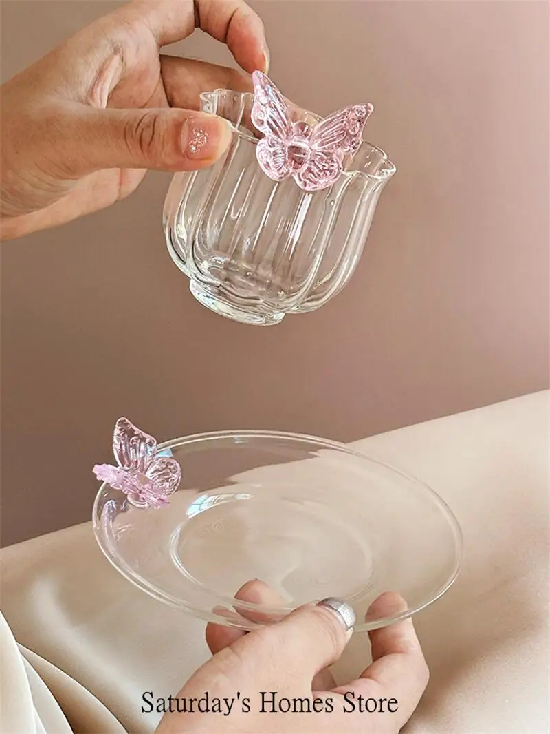 Suits Butterfly Glass Cup Saucer  Plate Coffee Cup Dish Set Afternoon Tea Cup Plates Girls Gift