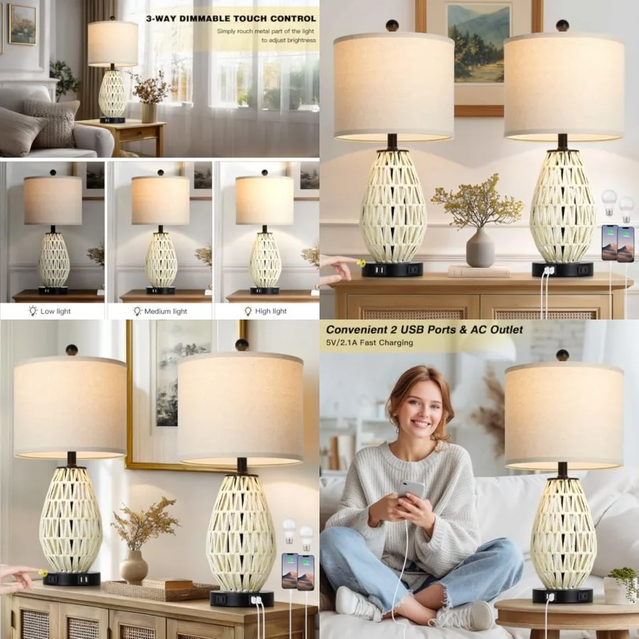

Touch Control Table Lamps, 3 Way Dimmable Bedside Lamps for Bedroom Set of 2 with 2 USB Ports and AC Outlet, Wicker Nightstand