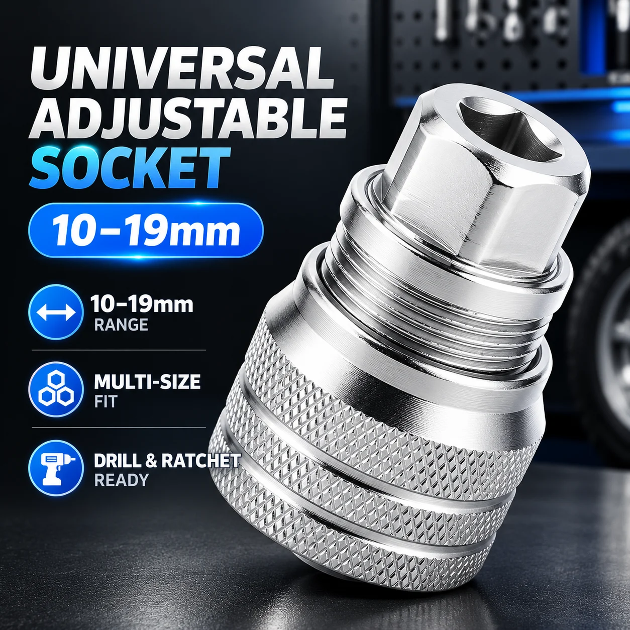 Adjustable Universal Socket 10-19mm Multi Purpose Wrench Tool for Electric Drill Ratchet Nuts Bolts Repair Garage Home DIY