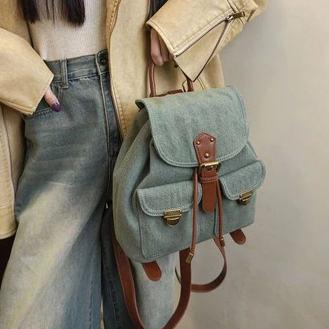 Fashionable Retro American Denim Large Capacity School Bag Storage Bag Handbag Student Commuter Bag Women Bags Kawaii Backpack