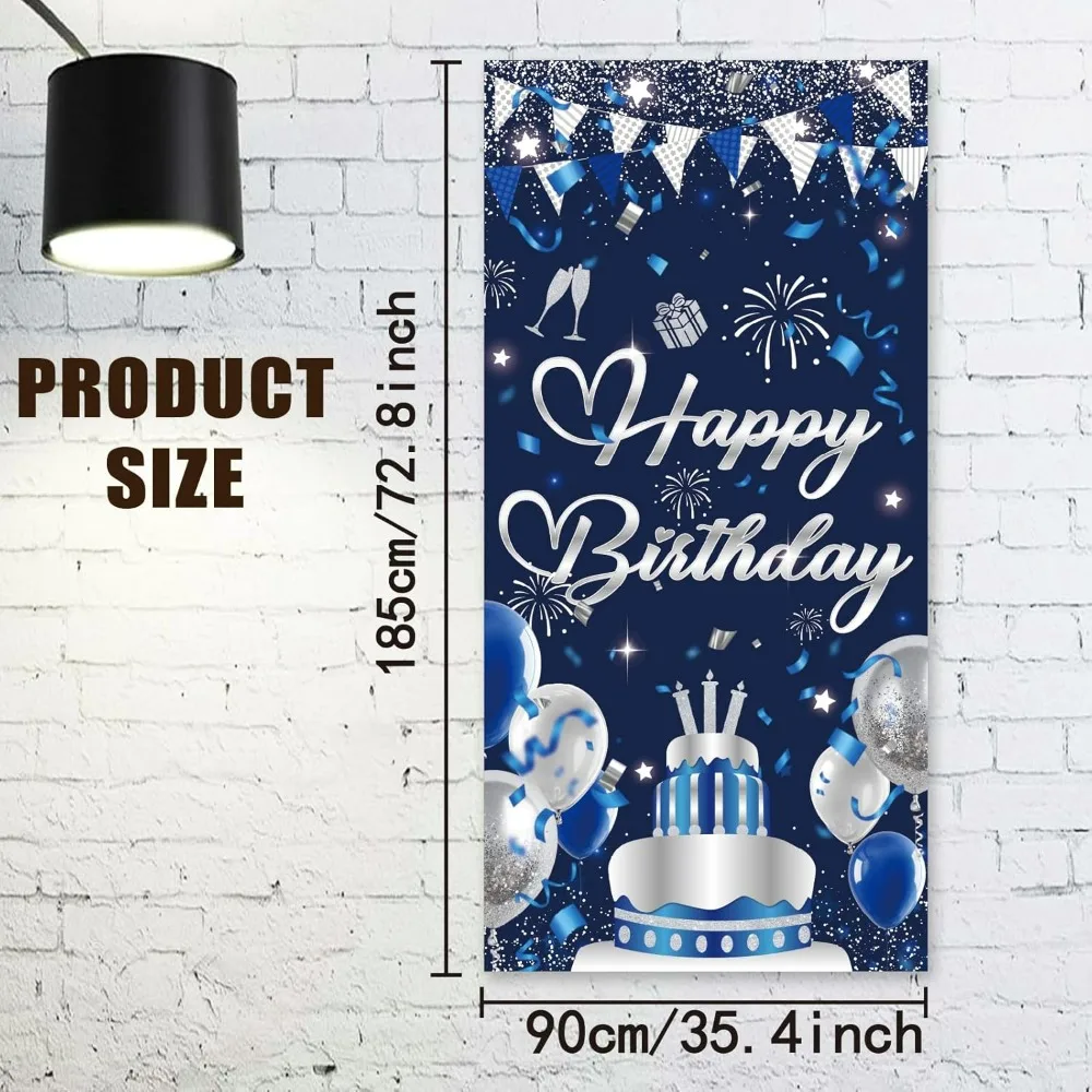 1 Pc Happy Birthday Polyester Door Cover Blue Birthday Backdrop Banner Door Porch Sign Photography