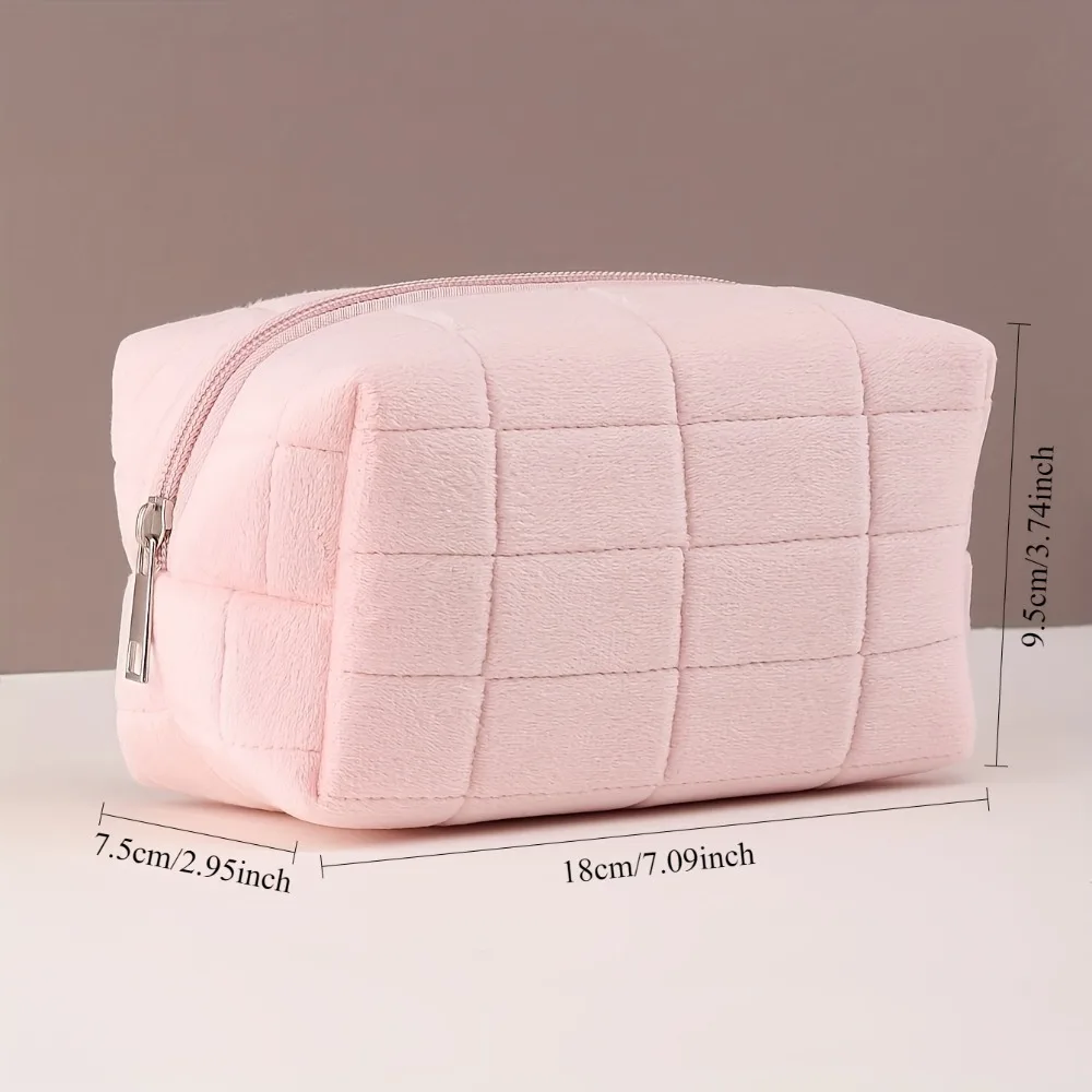 قطعة واحدة من حقيبة مكياج ذات مربعات ناعمة، حقيبة مكياج للسفر عديمة الرائحة مع سحاب، لتخزين مستحضرات التجميل وما إلى ذلك