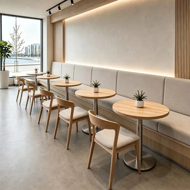 Commercial Cafe Restaurant Furniture Set Wooden Table Fabric Upholstered Booth Seating Solid Timber Chair