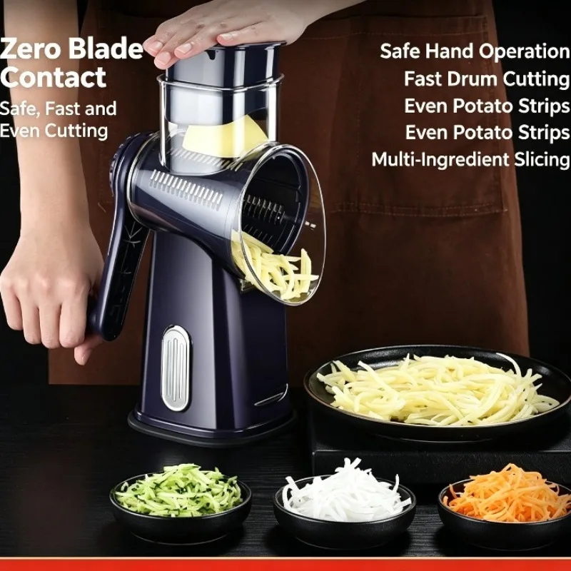 Household Multifunctional Rotary Vegetable Slicer, Kitchen Grater Shredder for Potato, Manual Roller Cutter