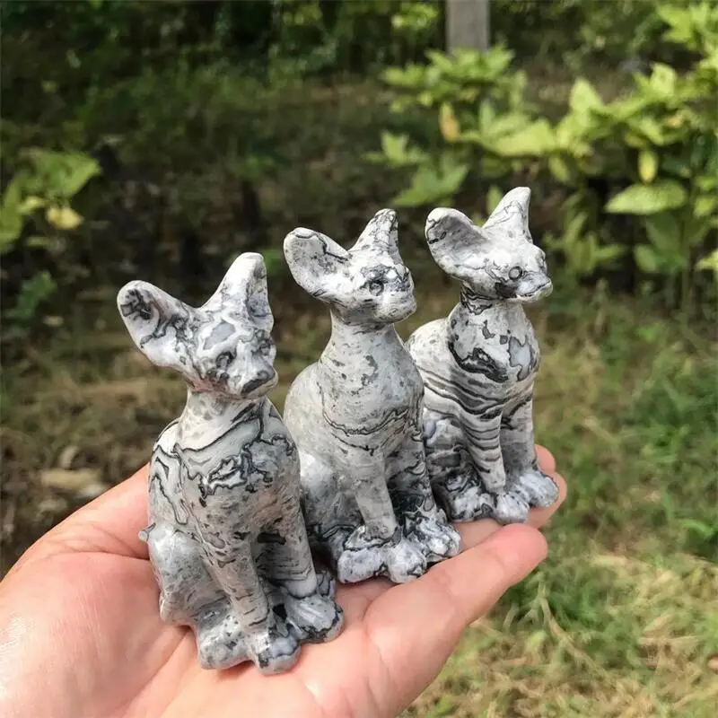 

Natural Picasso Stone Egyptian Mau Cat Carving Animal Figurine Healing Energy Gemstone Crystal Crafts Christmas Gift 1pcs 8CM