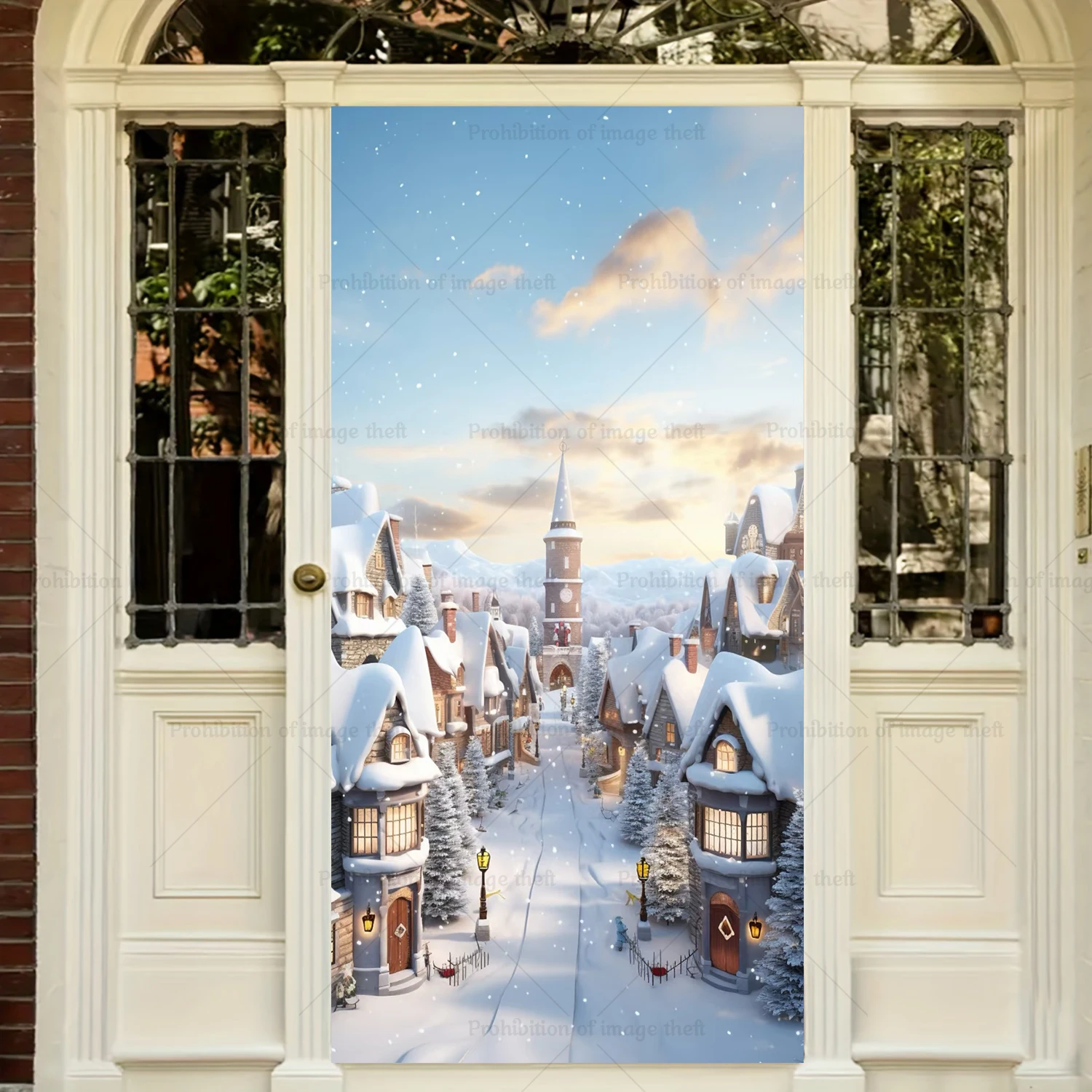 Winter Fairytale Town Theme New Year Background Cozy Cottages Snow Trees Golden Glitter Light Christmas Scene Door Cover Prop