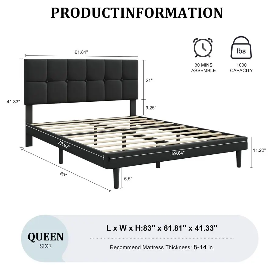 هيكل سرير مع لوح رأسي منجد، إطار سرير بمنصة شديدة التحمل، مقاس كوين مع شرائح خشبية قوية، لا حاجة إلى صندوق زنبركي، ضوضاء