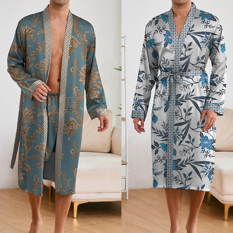 Casual Men's Pajama Sets Elegant Printed Long Sleeve Robe & Shorts Nightgown Set For Daily Wearing Sleepwear Suit