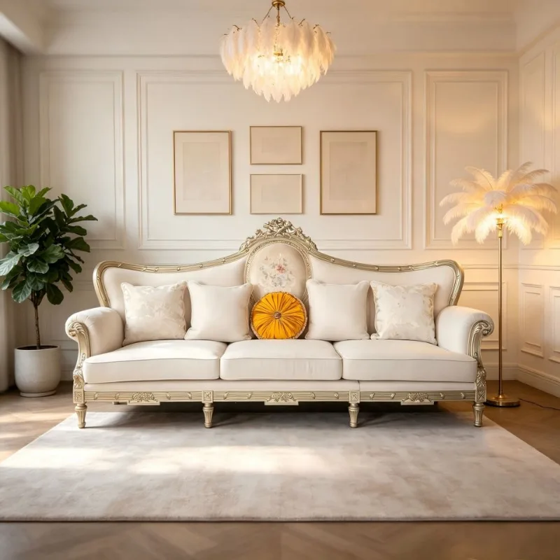 French light luxury leather sofa, living room high-end luxury European furniture four-person atmospheric leather fabric sofa