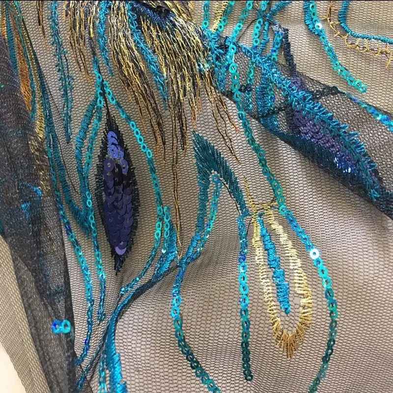 DIY Craft Embroidered Sequins Peacock Mesh Cloth Feather Applique Sew Trim 51X40cm