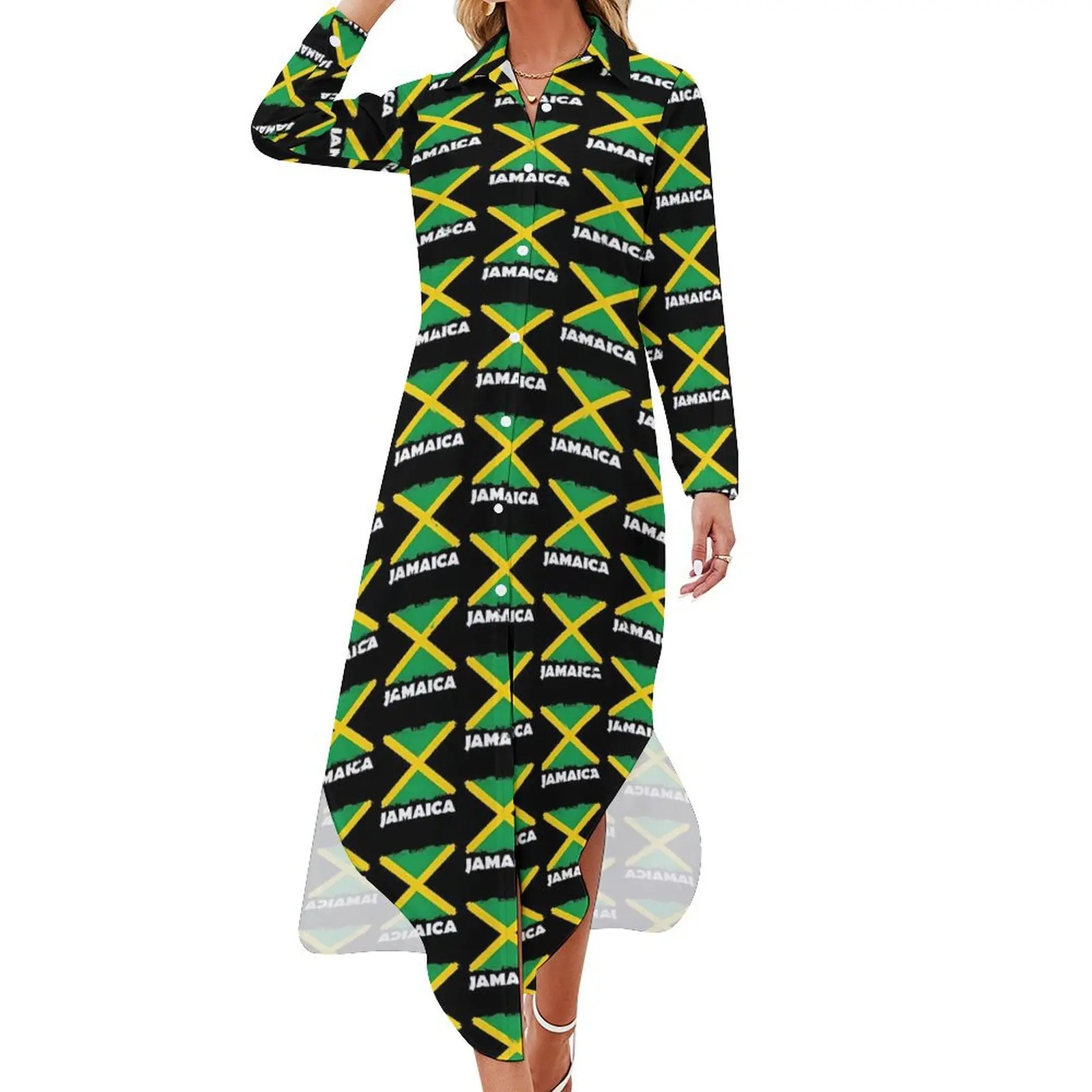 Jamaica Flag Print Casual Dress National Day Street Style Dresses Long Sleeve Cute Women V Neck Custom Big Size Chiffon Dress