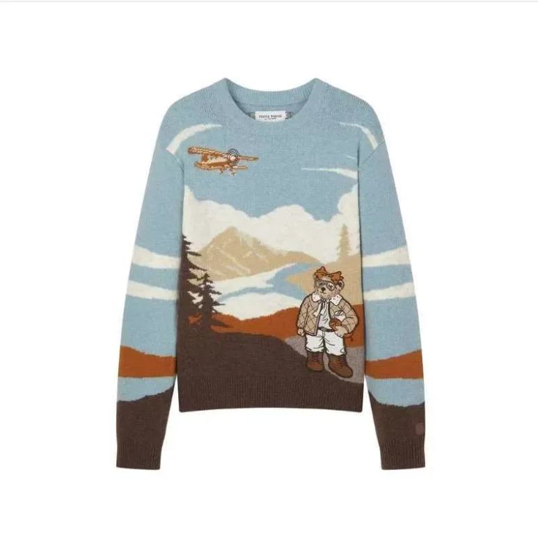 Autumn Cashmere Women\'s Pullover Cute Bear Sweater Stylish Casual Loose Fit O-neck Knit Bear Embroidery Long Sleeve Jumper 2025