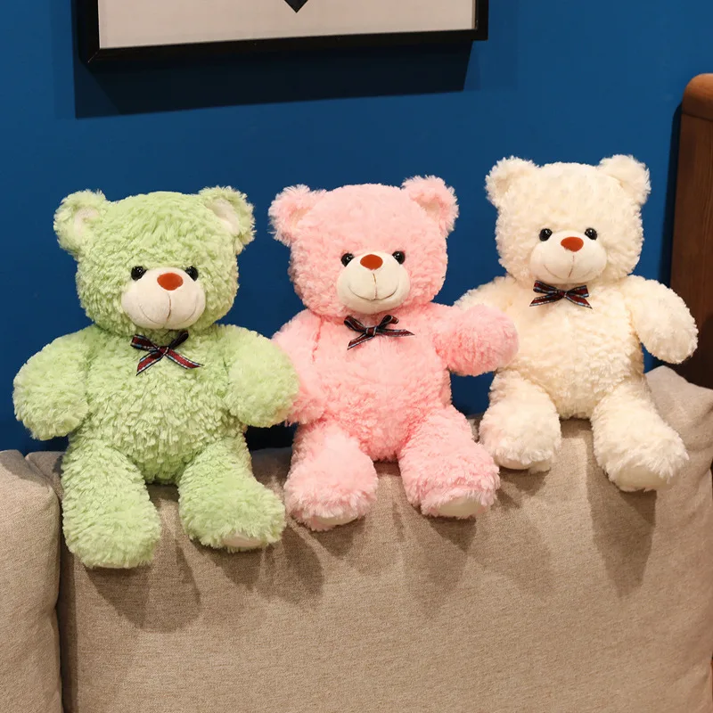Urso de Pelúcia Kawaii de 30CM com Laço Colorido, Boneco de Anime de Simulação, Brinquedo de Pelúcia Fofo para Bebês, Bonecas Artesanais Infantis