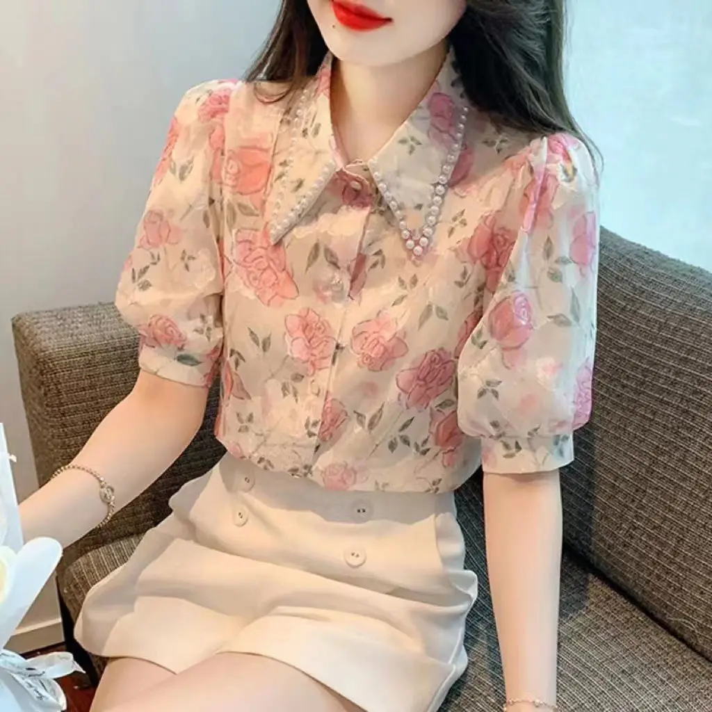 

Short-sleeve Shirts Women S-2XL Summer Floral shirt Solid Pearl Elegant Streetwear All-match Simple Daily Popular Tops Z885