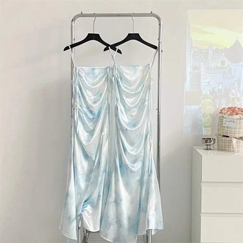 甘いホットガールブルーサテンプリントショートドレス女性の夏のスクエアカラースリムフィットマーメイドドレスファッション女性服