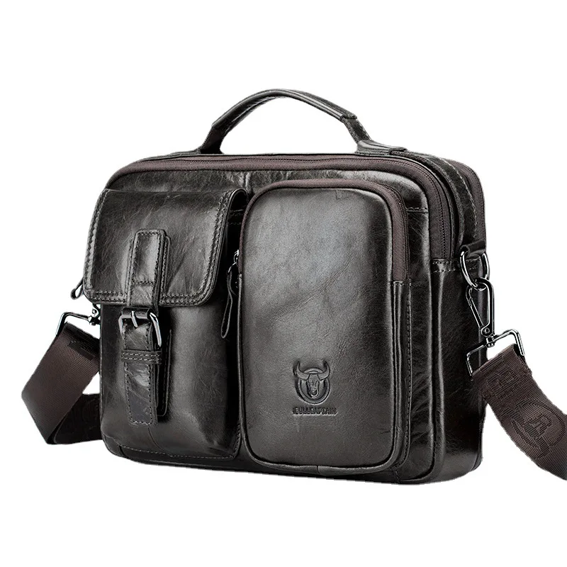 حقيبة كتف واحدة للرجال من الجلد الطبيعي متعددة الجيوب محمولة باليد ذات سعة كبيرة لتخزين الكمبيوتر المحمول