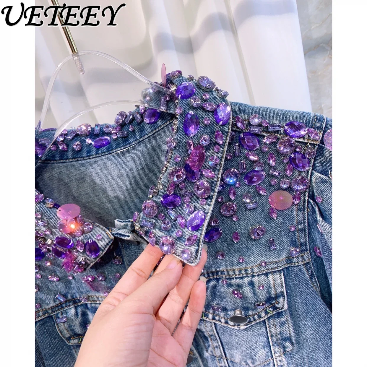 

New Arrivel High Quality Heavy Industry Beads Rhinestone Denim Coat Women Autumn and Winter Popular Jean Jacket Casacos Feminino