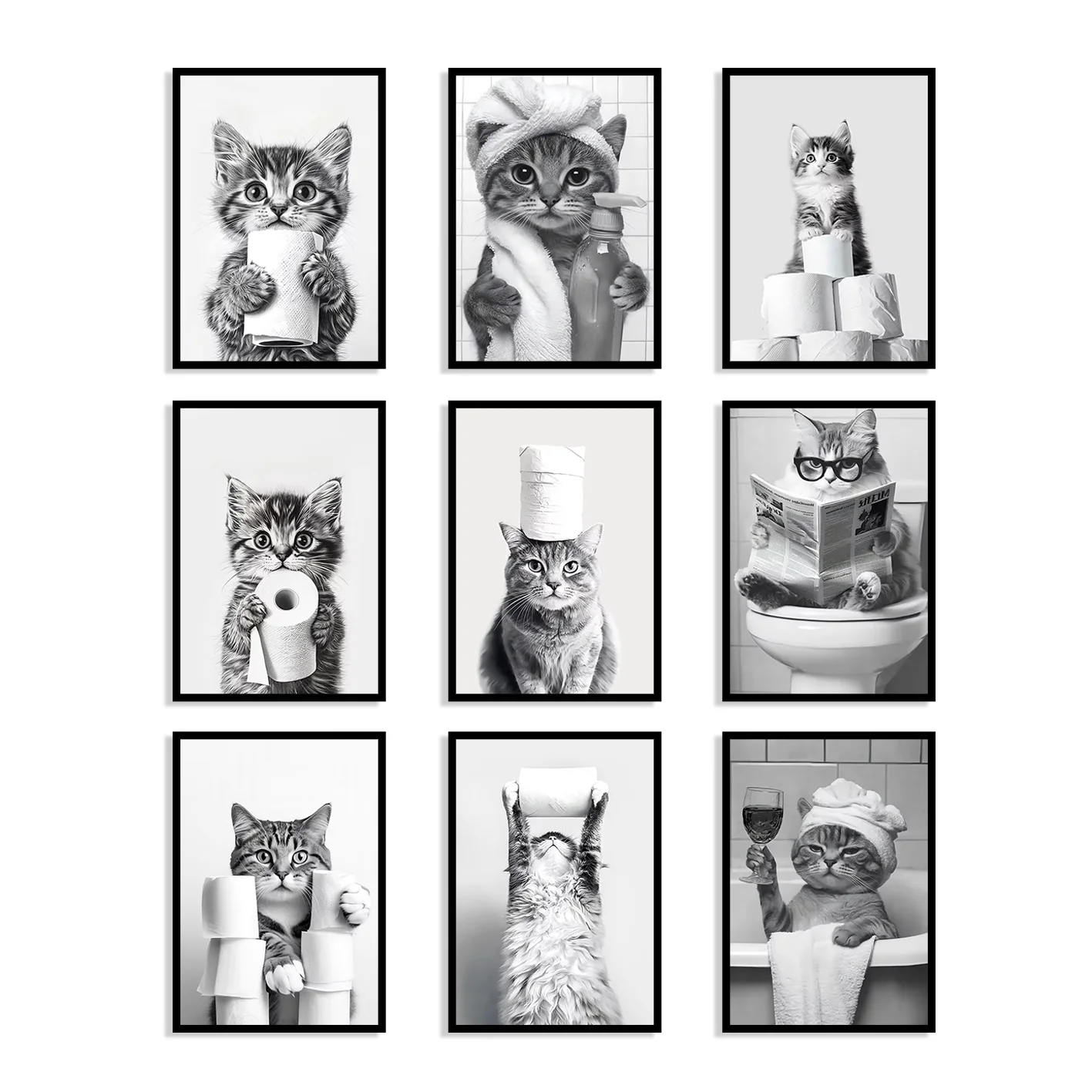 Humorous Cat Bathroom Canvas Poster Black & White Cat Wall Art Print Home Decor Gift for Cat Lovers Suitable for Bathrooms