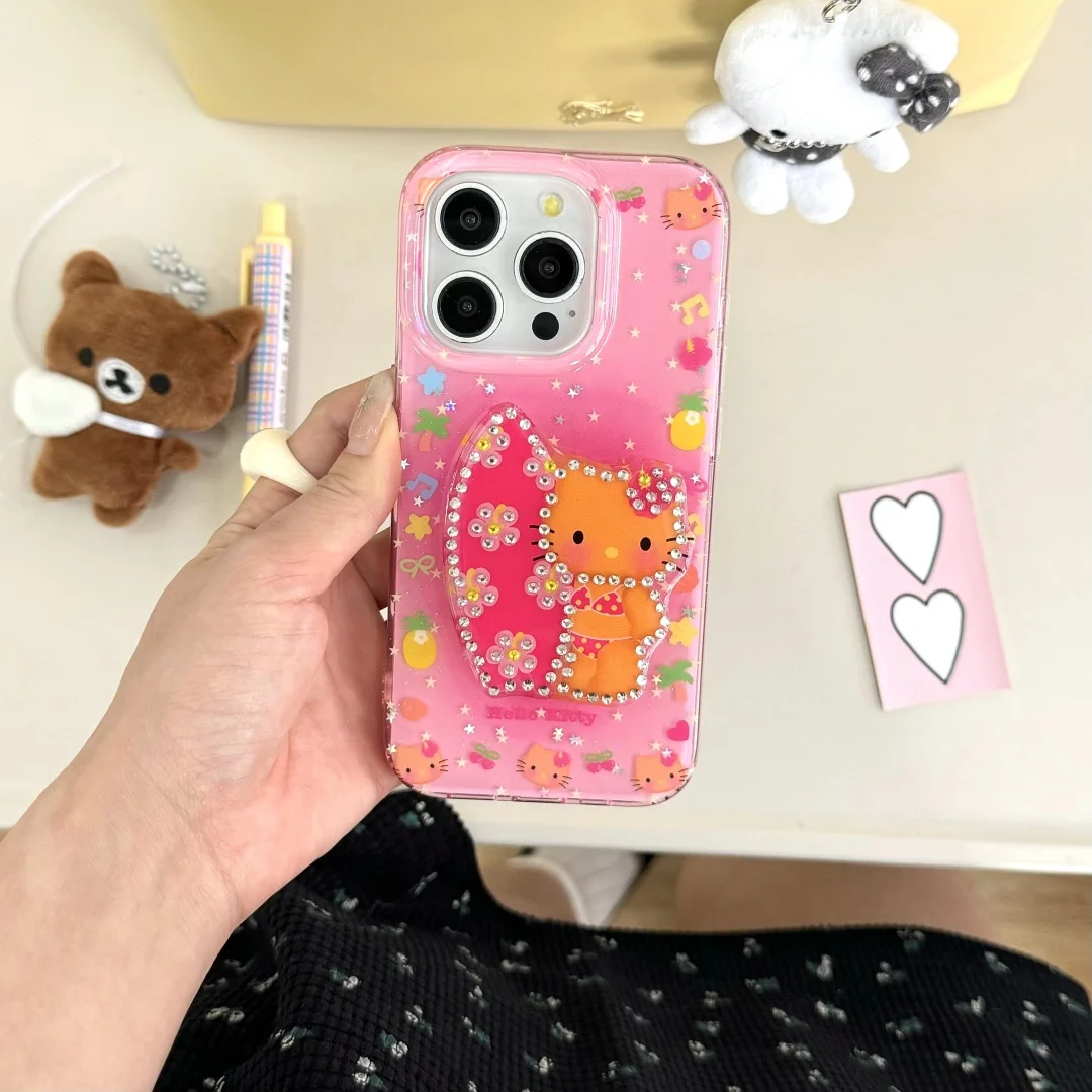 

Hello Kitty Black Sexy Beach Surfing Cats Ring Bracket Phone Case For iPhone 16 15 14 13 Pro Max Star Cartoon Cover