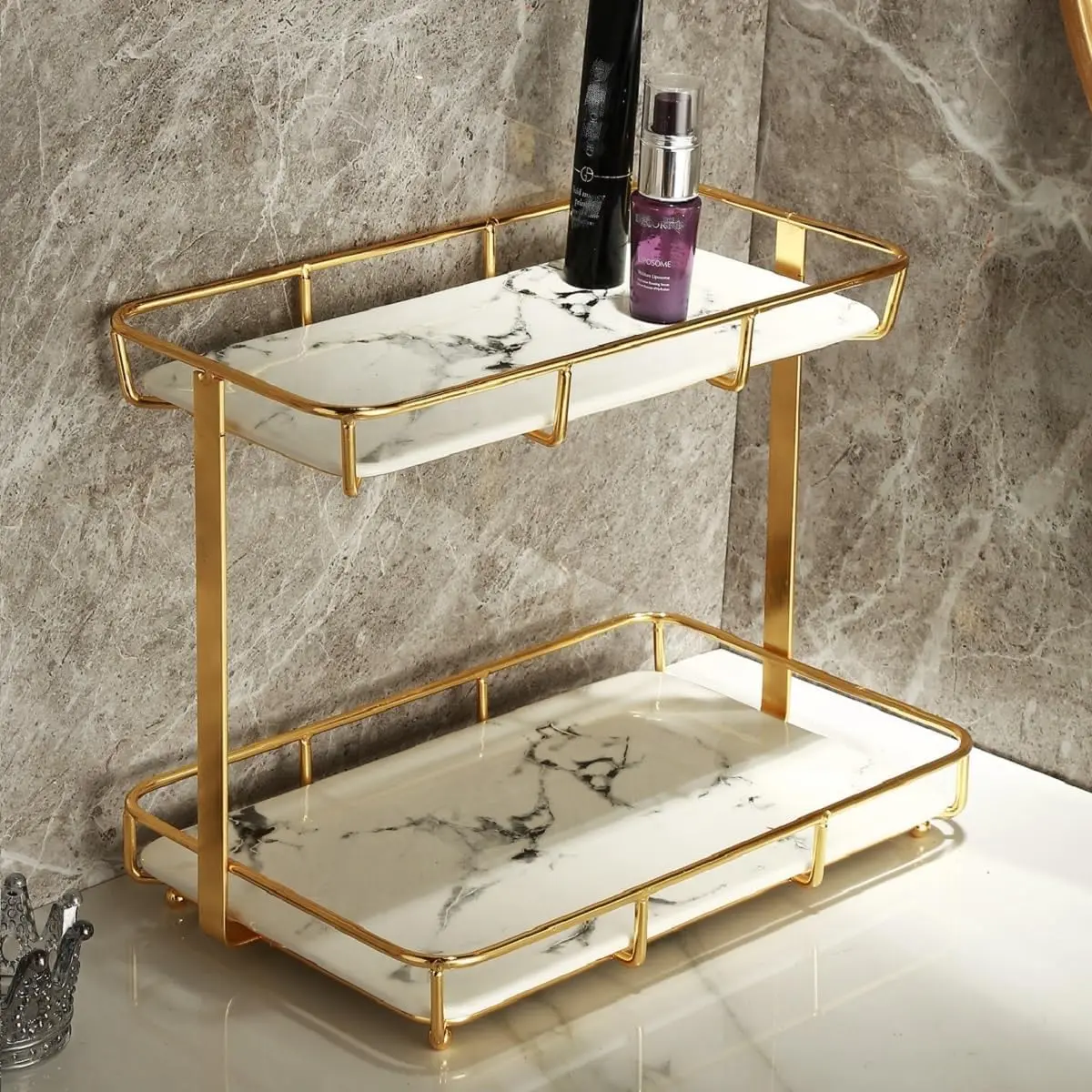 

Stainless Steel Gold Marble Vanity Tray for Bathroom Countertop Organizer and Cosmetics Display Rack