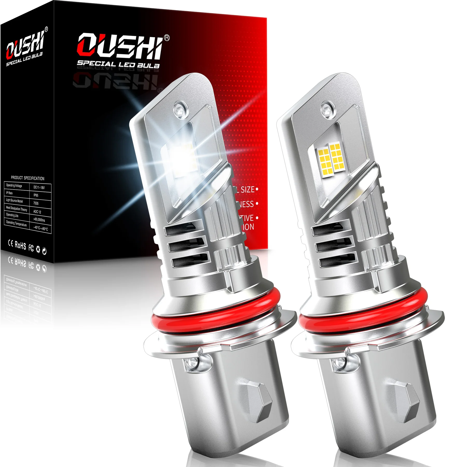

OUSHI 2pcs 9007 Led Car Headlight Bulb Day Running Lamp Super Bright 6000K White High Power With Fan Dual Beam For Cadillac