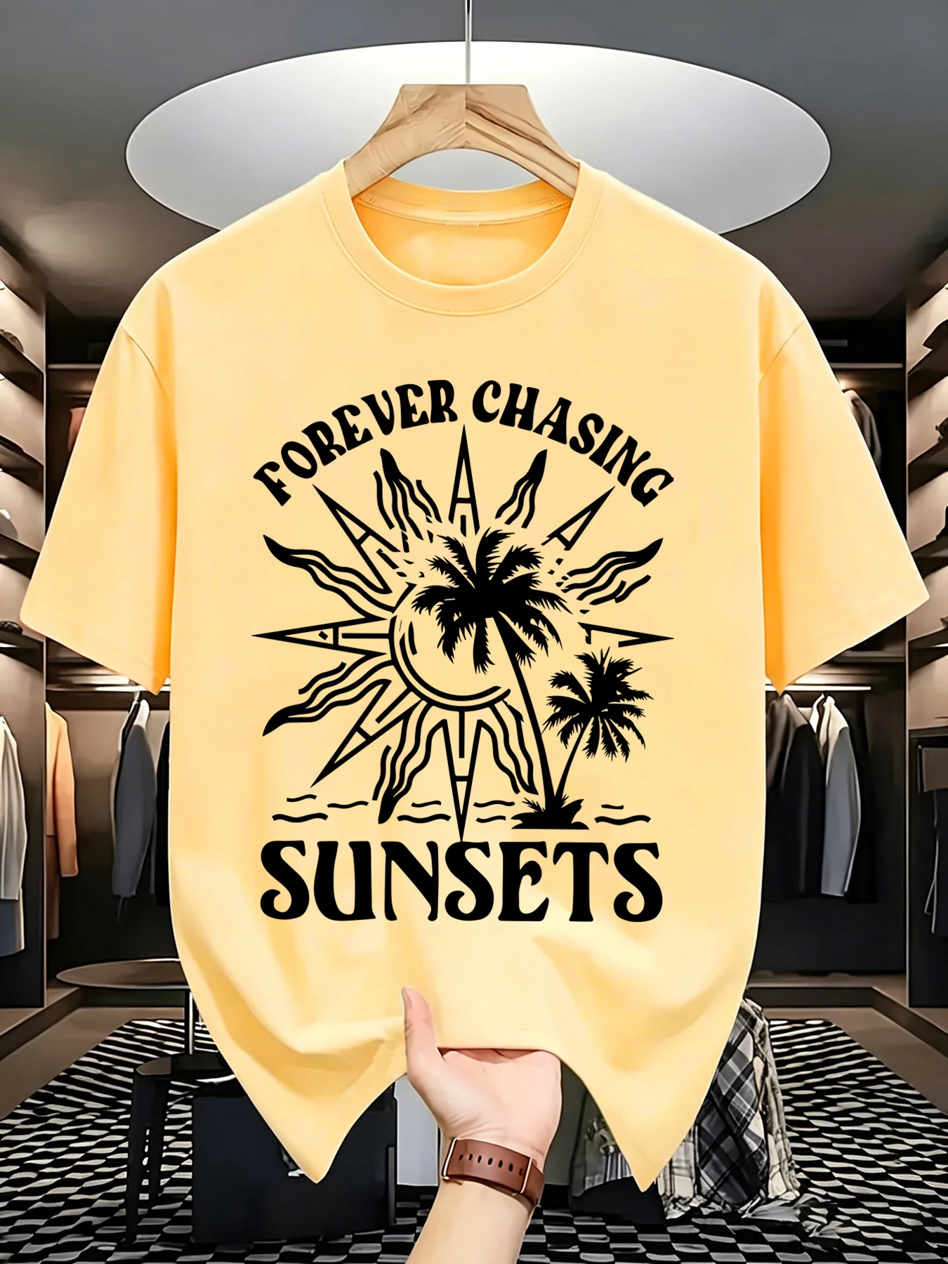 Forever Chasing Sunset Pattern Men'S Cotton Summer Breathable Short Sleeve Set Trendy Street T Shirts Loose Sport Clothes