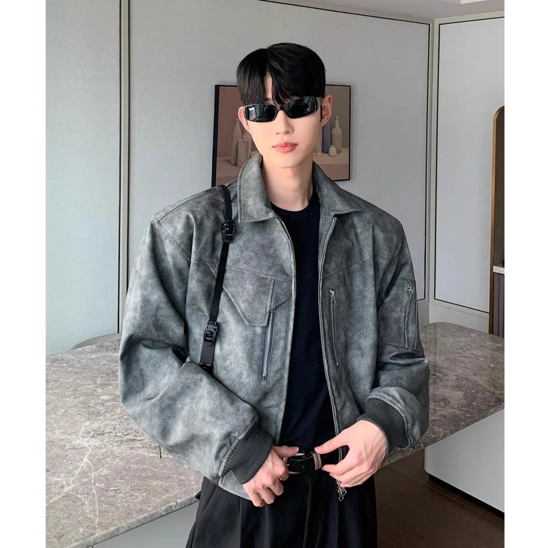 

ort Leather Jaet for Men Spring Autumn Faion Trendy Design High-End Feeling Cool Haome Zipper Loose Fit Casual Sle