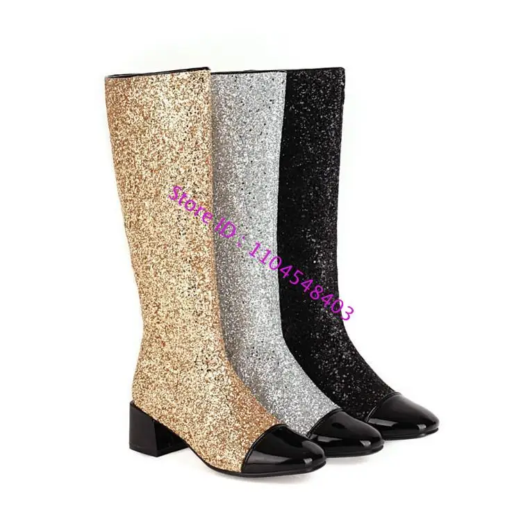 

Blingbling Women Sequins Chunky Heel Knee High Boots Gold Silver Glitterring Side Zipper Block Heel Sequins High Boots
