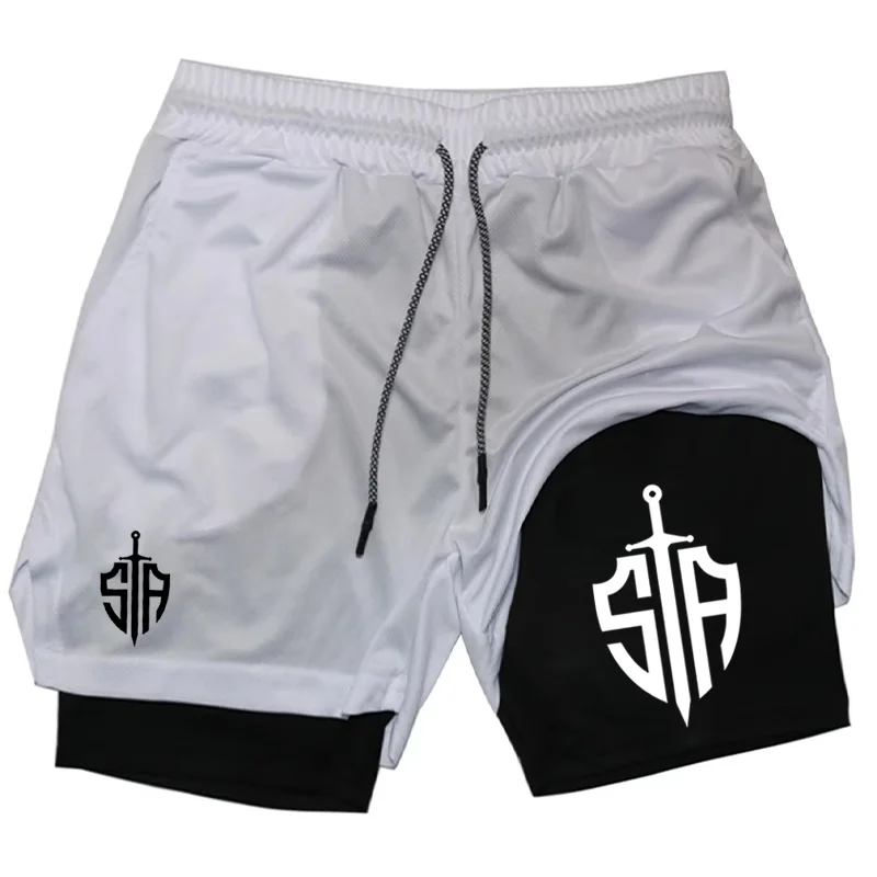Graphic 2 in 1 Workout Running Shorts for Men Athletic Quick Dry Shorts with Phone Pocket Towel Loop Gym Shorts Activewear WX161