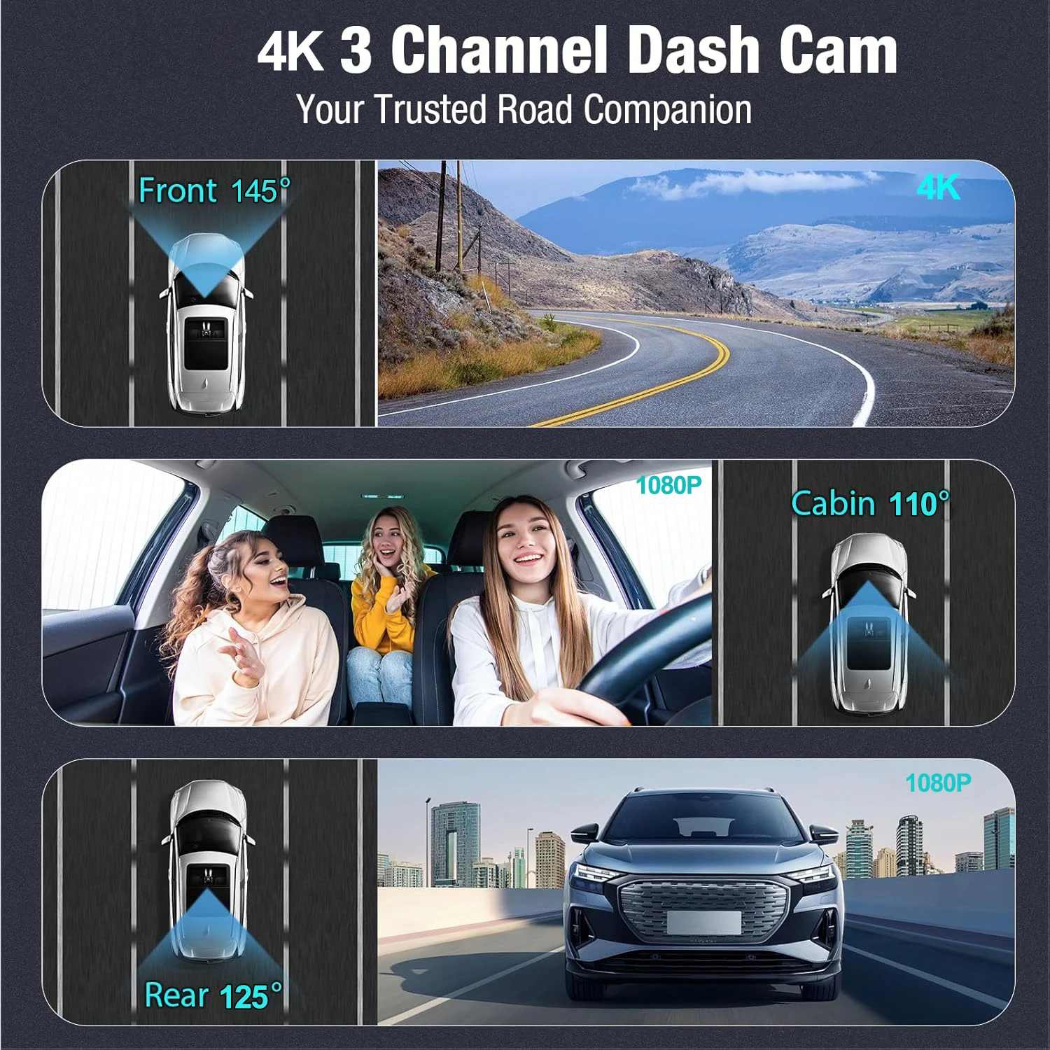3 Channel Dash Cam GPS 4K Front 1080P Inside and Rear Car Camera Night Vision with WiFi APP Control 24H Parking Monitor G-Sensor