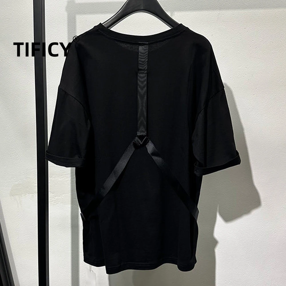 

High Street Summer Loose Shoulder Strap Short Sleeved T-shirt Men's Workwear Round Neck Pure Cotton Half Sleeve Tshirt Tops