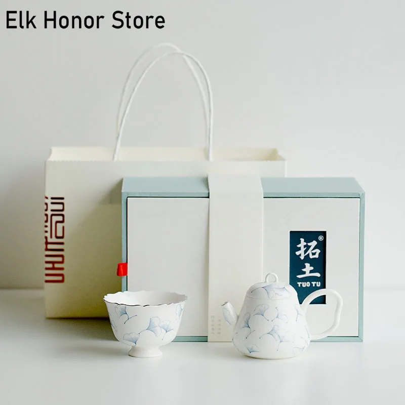 

Luxury Pure Hand Painted Ginkgo Leaf Teapot Flower Petal Tea Cup 1 Pot 1 Cup Kettle With Filter Kung Fu Tea Set Hand Gift Box