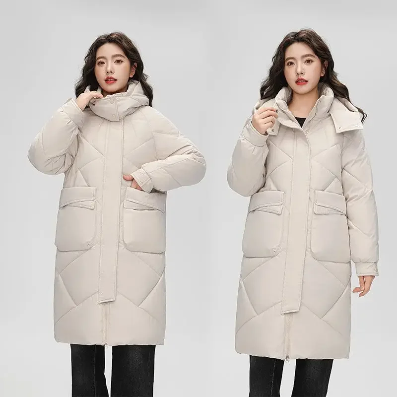 Korean Medium To Long Down Cotton Jacket, Women's Detachable Hat, Simple Temperament, Thick Hooded Winter Cotton Jacket Coats