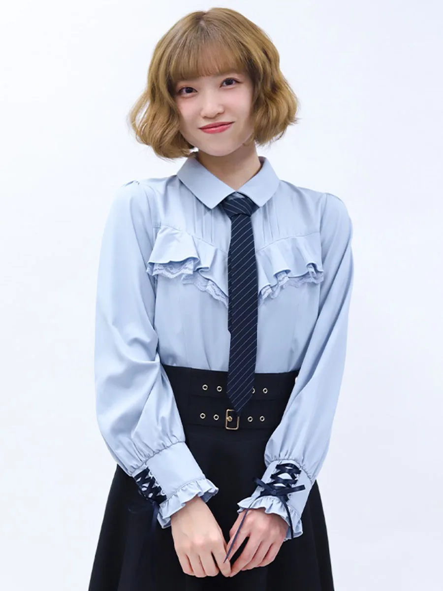 

Ele Lace Trim Detachable Two-Way Wear Striped Tie irt by Axes Femme Straight Cut Long Sve Collar Casual Polyest...