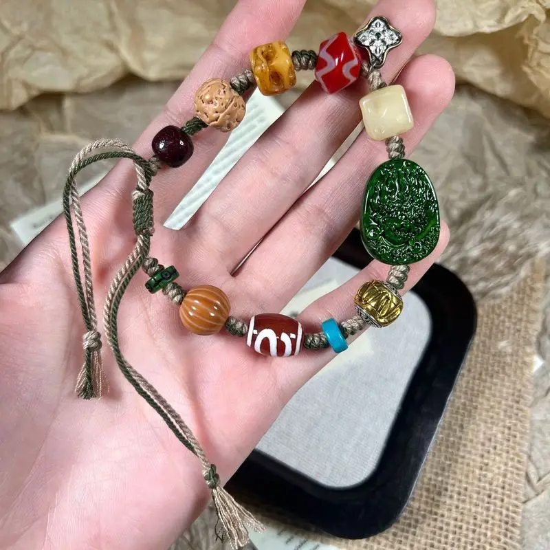 Imitation Green Serpent Horn Yellow God Of Wealth Bracelet, Exquisitely Handmade Cotton Cord Jewelry, Multi-Bead Buddhist Prayer