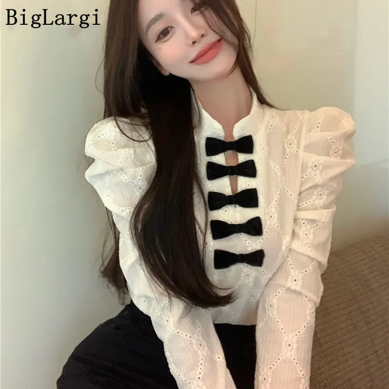 Estilo francês outono inverno camisa feminina arco oco rendas all-match feminino elegante blusa do vintage feminino básico senhoras topos