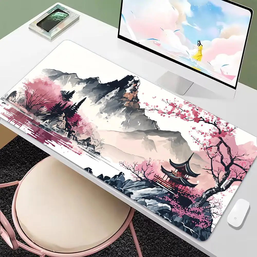 Chinese Ink Painting Plum Blossom XXL Mouse Pad Non Slip Rubber Base HD Print Oversized Desk Mat for Oriental Desktop Mat