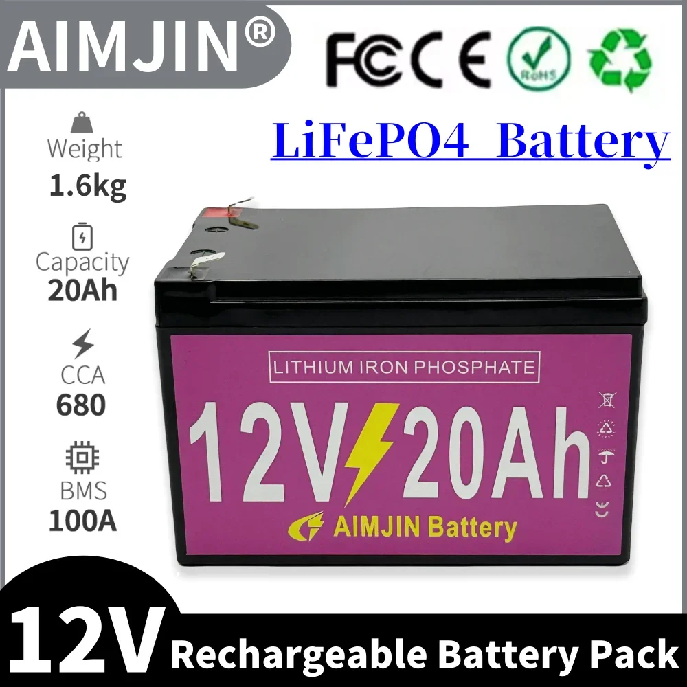 

20000mAh LiFePO4 Battery Pack 12V 20Ah Built-in BMS Lithium Iron Phosphate Rechargeable Battery For Camping，Fish Finder, Scooter