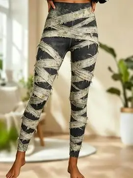 Women Mid‑Rise Fleece Lined Leggings Halloween Mummy Bandage Print Slim Stretch Thermal Pants - view 5