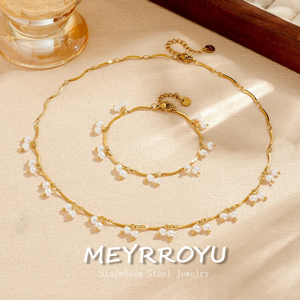 MEYRROYU Stainless Steel Fashion Small Cherry Pearls Multiple Pendant Necklaces Women Charm Waterproof Neck Chain Jewelry Gift