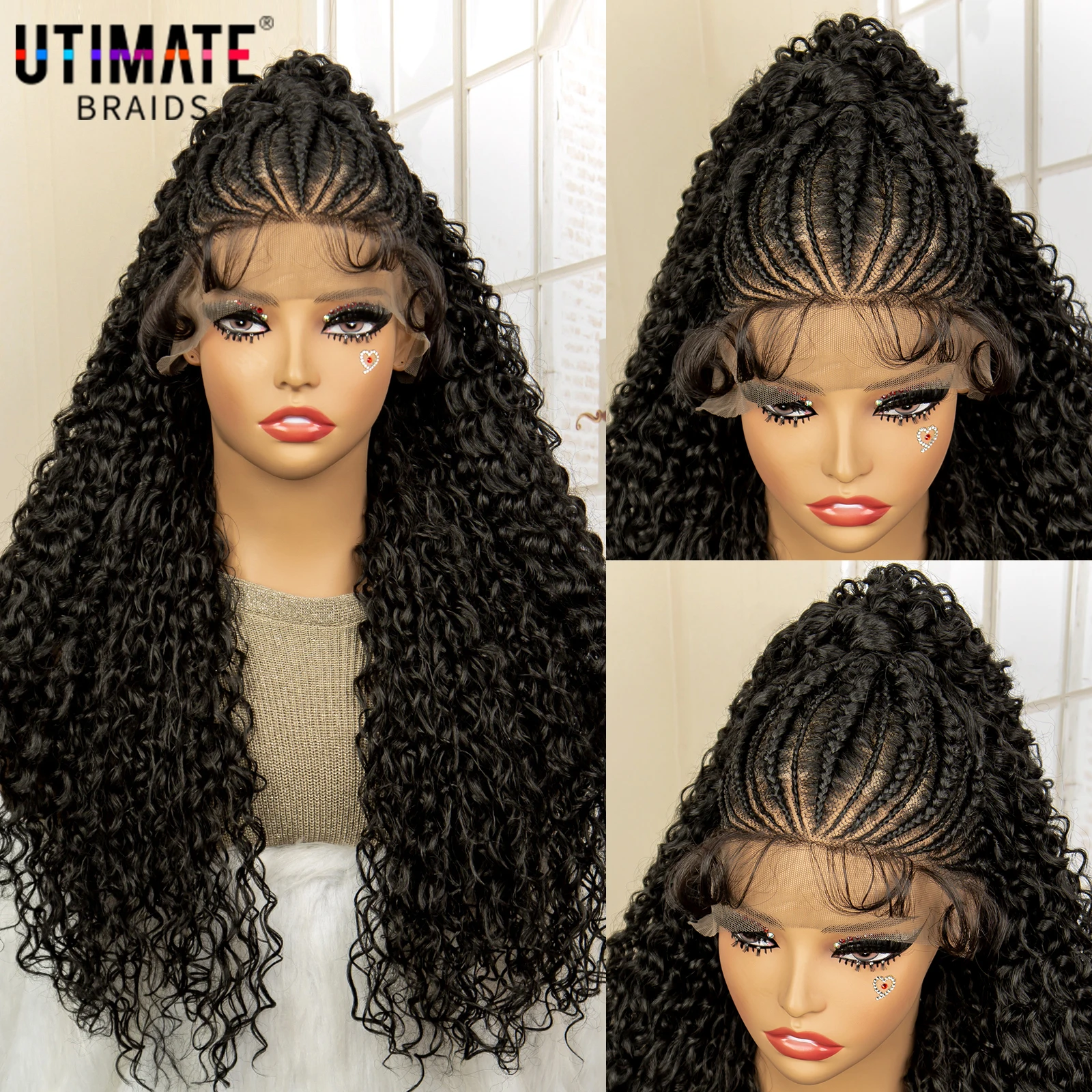 

24 Inches Synthetic Lace Frontal Cornrow Braided Wigs with Kinky Curly Ponytail Braids Wig with Baby for Black Women