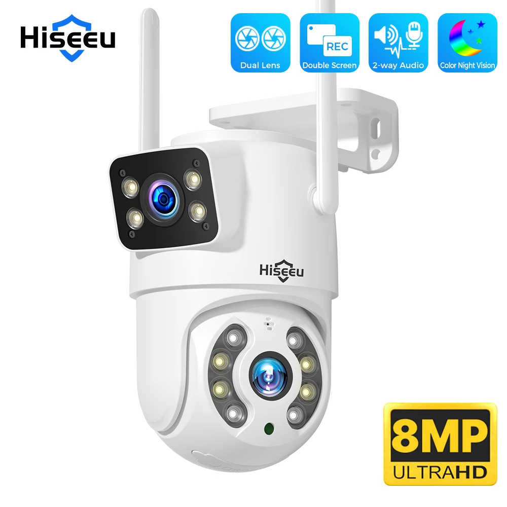Hiseeu 4K 8MP Wifi Surveillance Camera Dual Lens 4X Digital Zoom AI Human Detect  Wireless Outdoor Security PTZ IP Cameras
