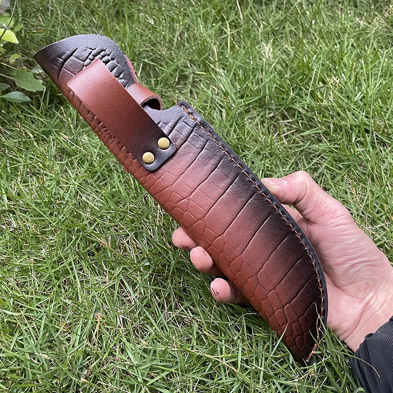 28cm Fixed Blade Knife Scabbard Embossed Cowhide Top Grain Leather Camping Knife Case Hunting Holsters with Belt Buckle